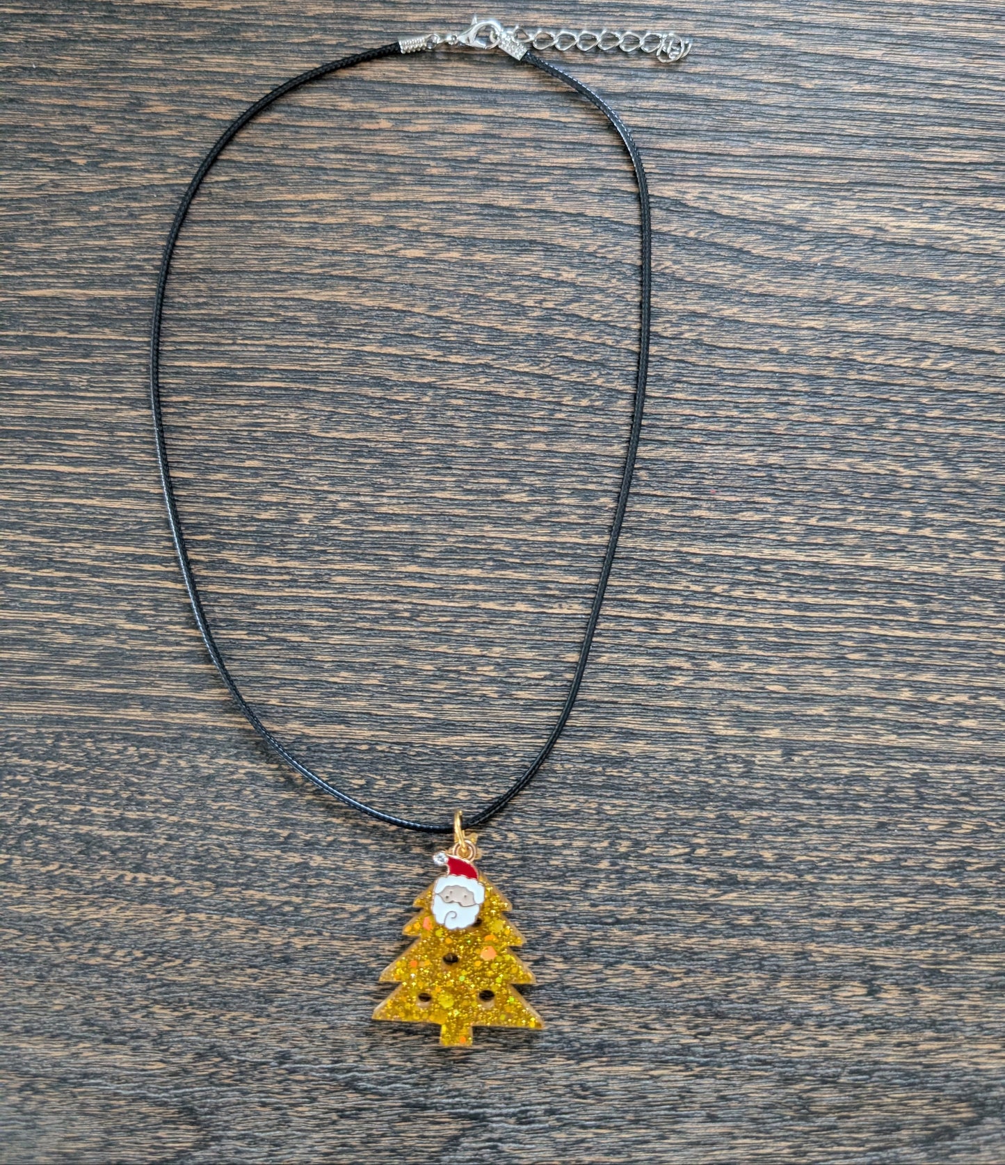 Necklace - 17.5 inches black waxed cord with resin Christmas tree and charm