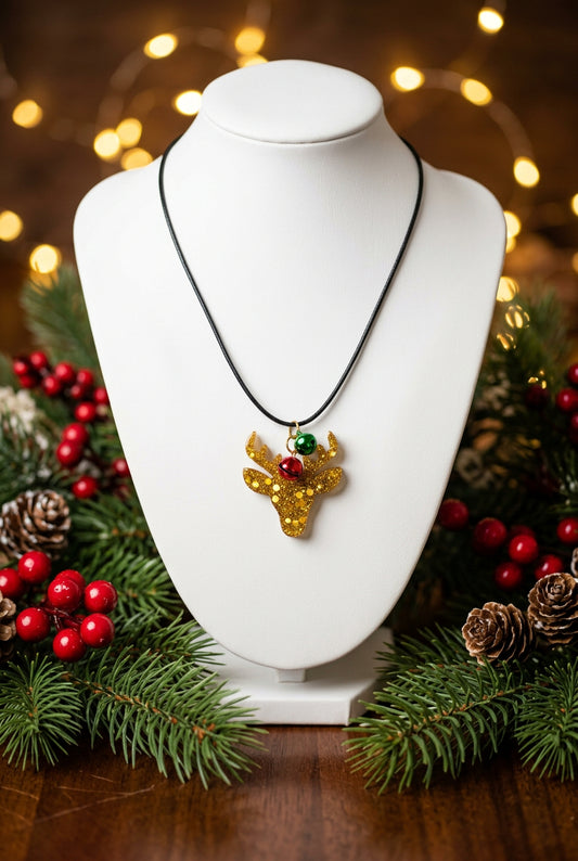 Necklace - 17.5 inches black waxed cord with resin Christmas charm and jingle bells