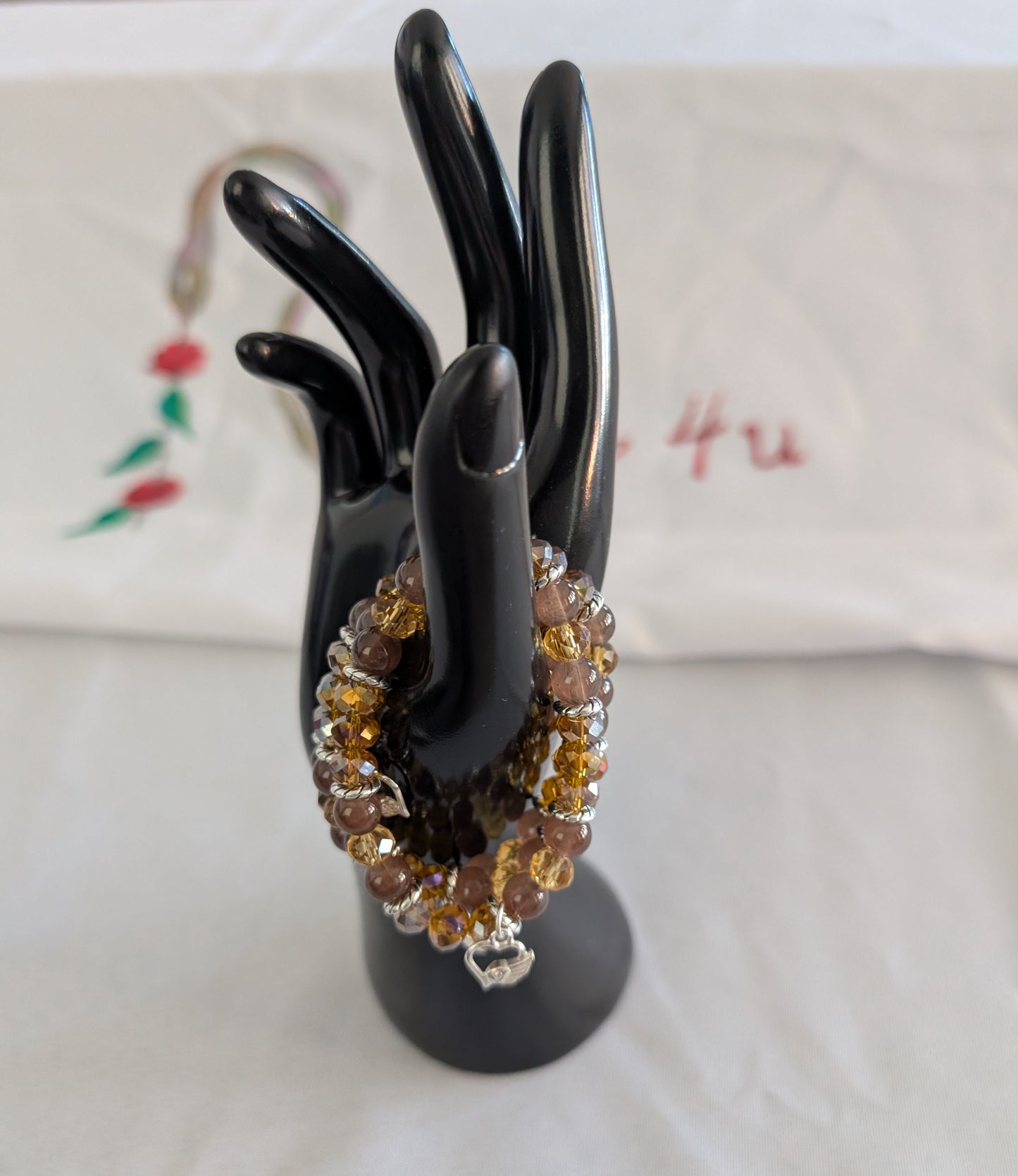 Bracelet - Elastic brown & gold beads with heart charm