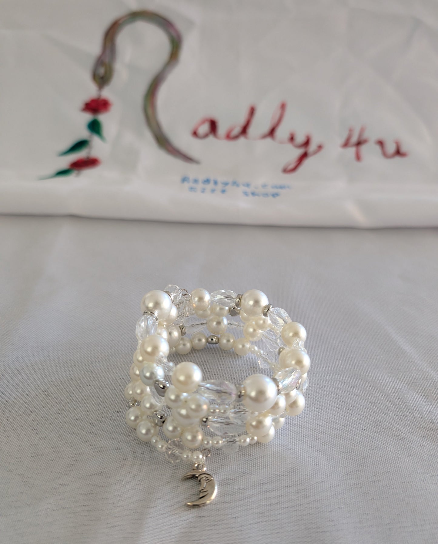Bracelet - 4 coil & 6 coil Memory wire bracelet white pearl beads with silver spacer beads