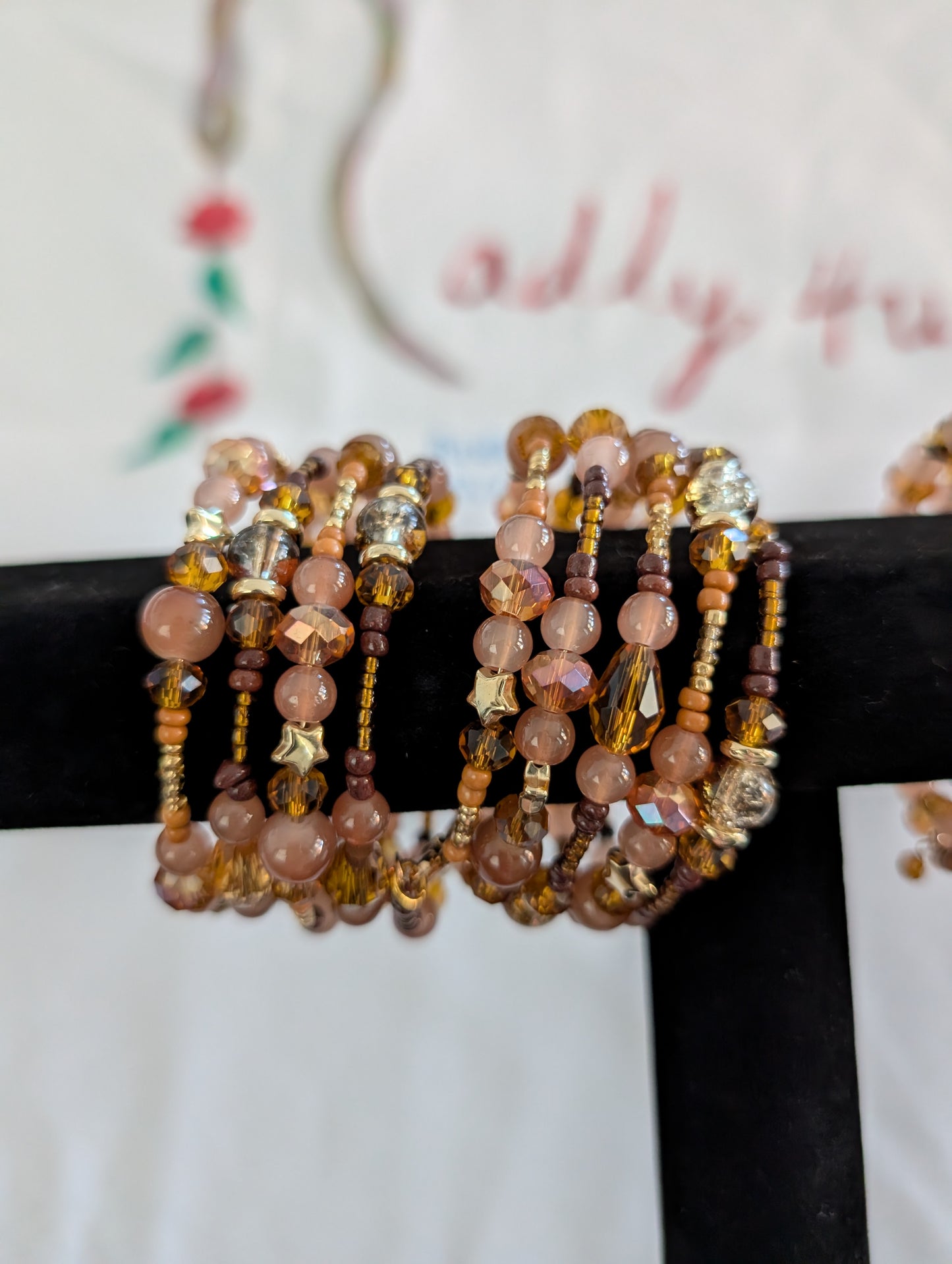 Bracelet - 4 coil Brown pink & tan memory wire bracelet with pink mushroom charm