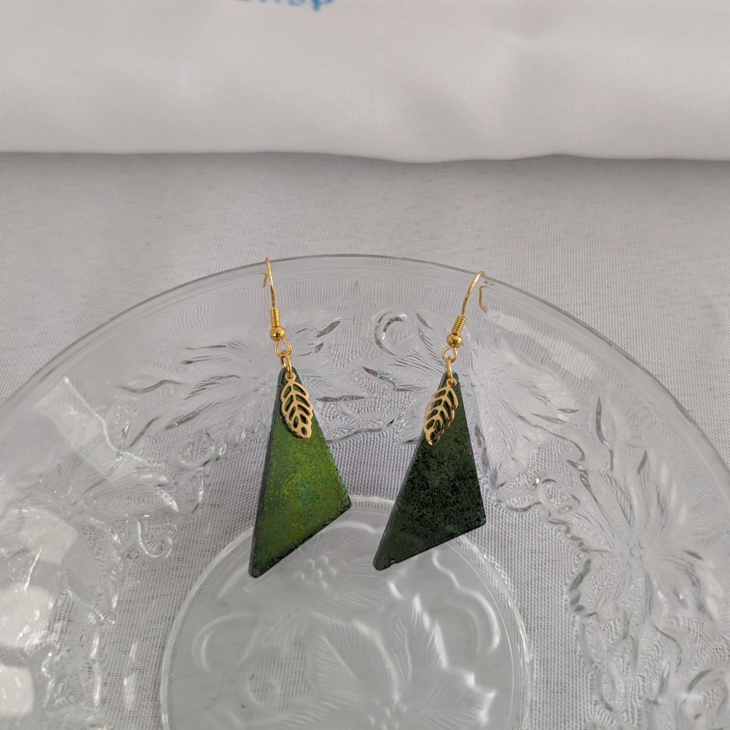 Earrings - Resin obtuse triangle with gold leaf charm on gold hook