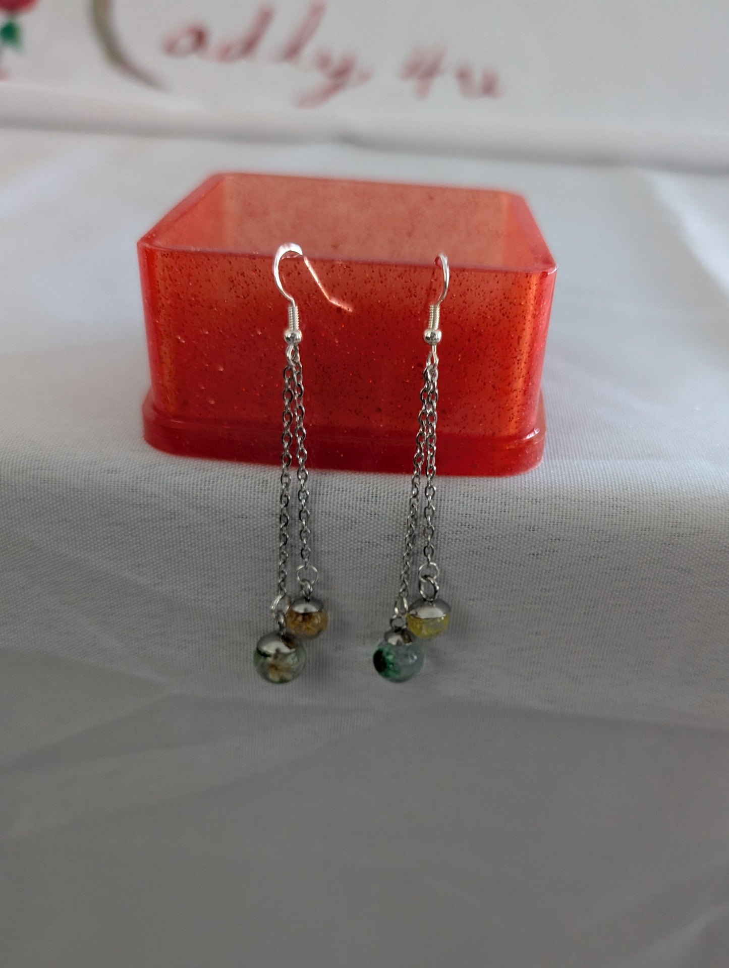 Handmade Resin Flower Globe Drop Earrings – Sterling Silver 925 Hooks – Botanical Dangle Earrings