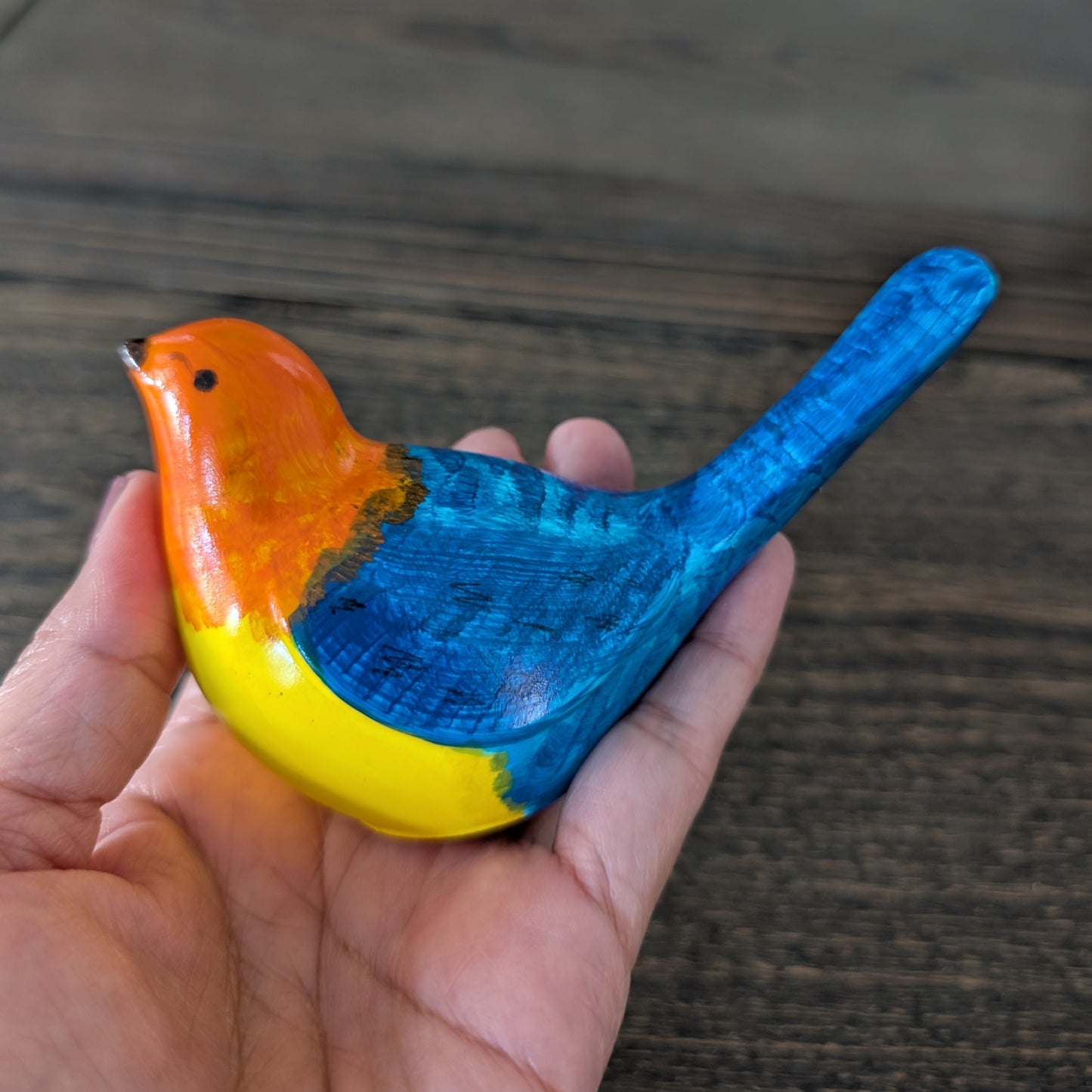 Blue & Orange Eco-Resin Bird – Hand-Painted Home Decor