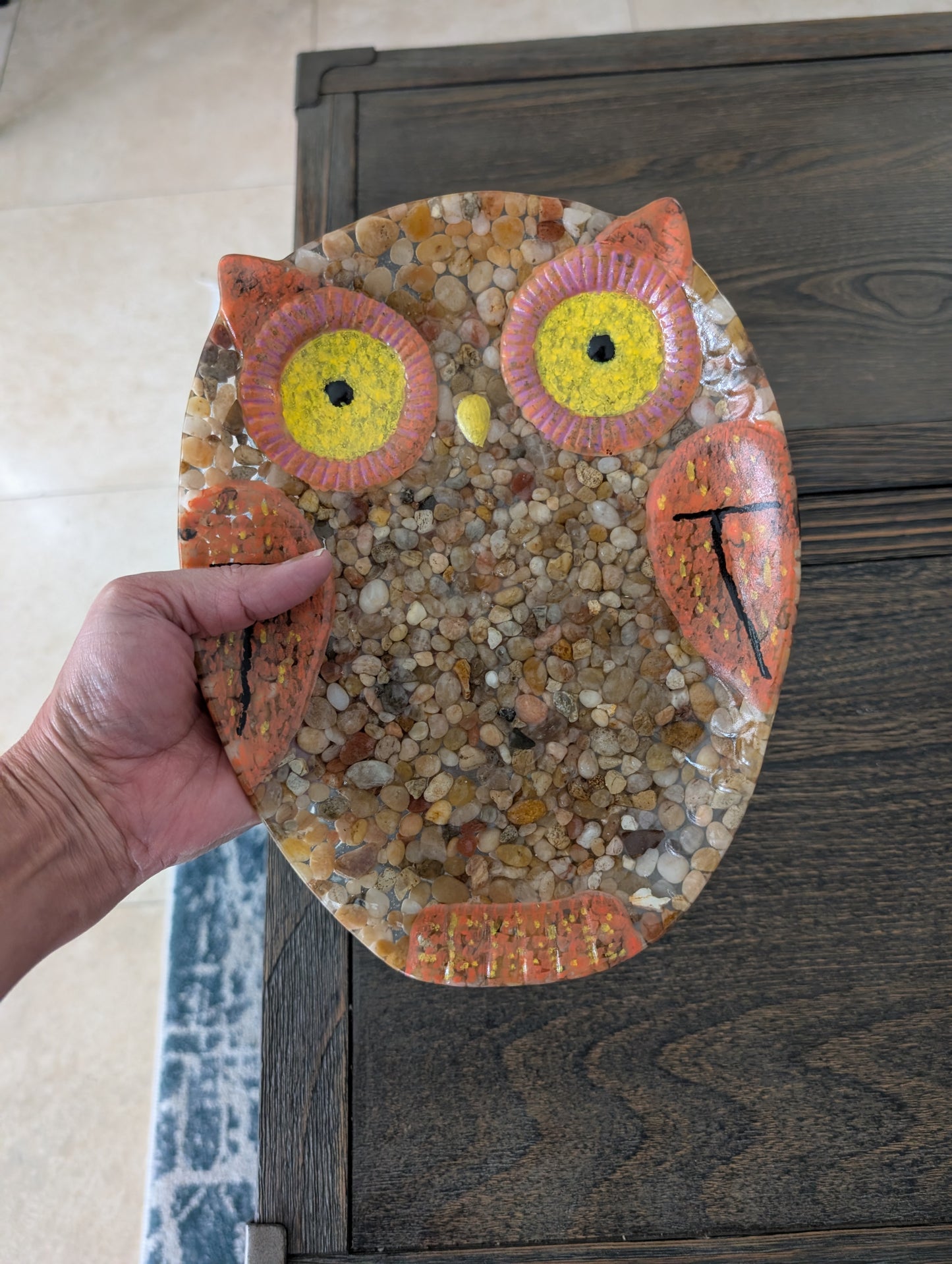 Hand-Painted Stone & Resin Owl Trinket Dish – Large River Rock Mosaic Valet Tray