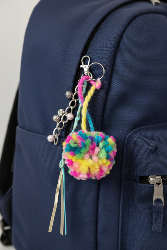 Colorful keychain with pom-pom on a backpack