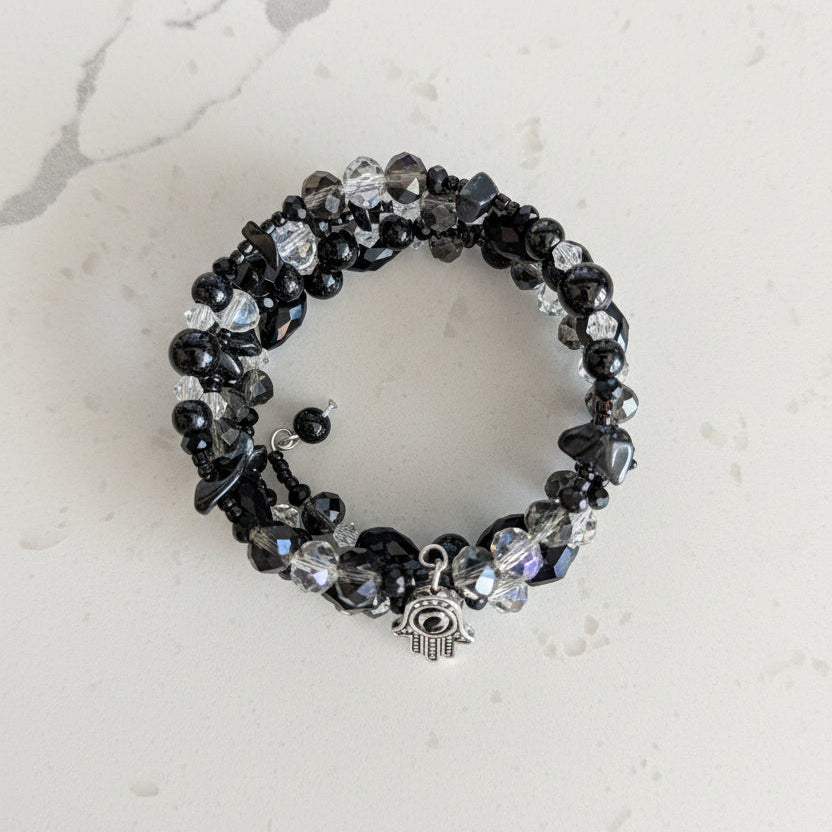 Black Glass & Crystal Multi-Wrap Bracelet with Hamsa Evil Eye Charm