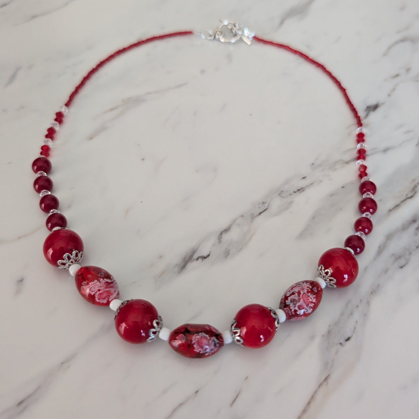 22-Inch Red Glass Bead Statement Necklace with Silver Toggle Clasp