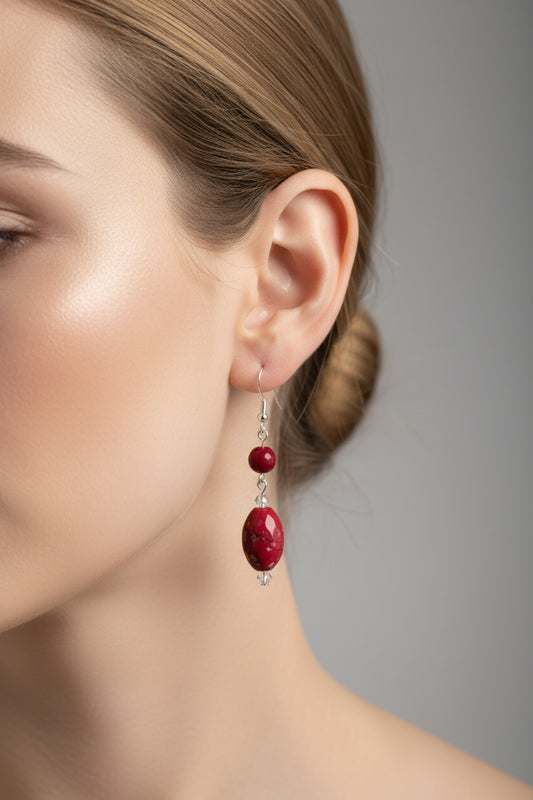 Red Dangle Earrings on 925 Silver Hooks – Crimson Glass & Crystal Statement Earrings