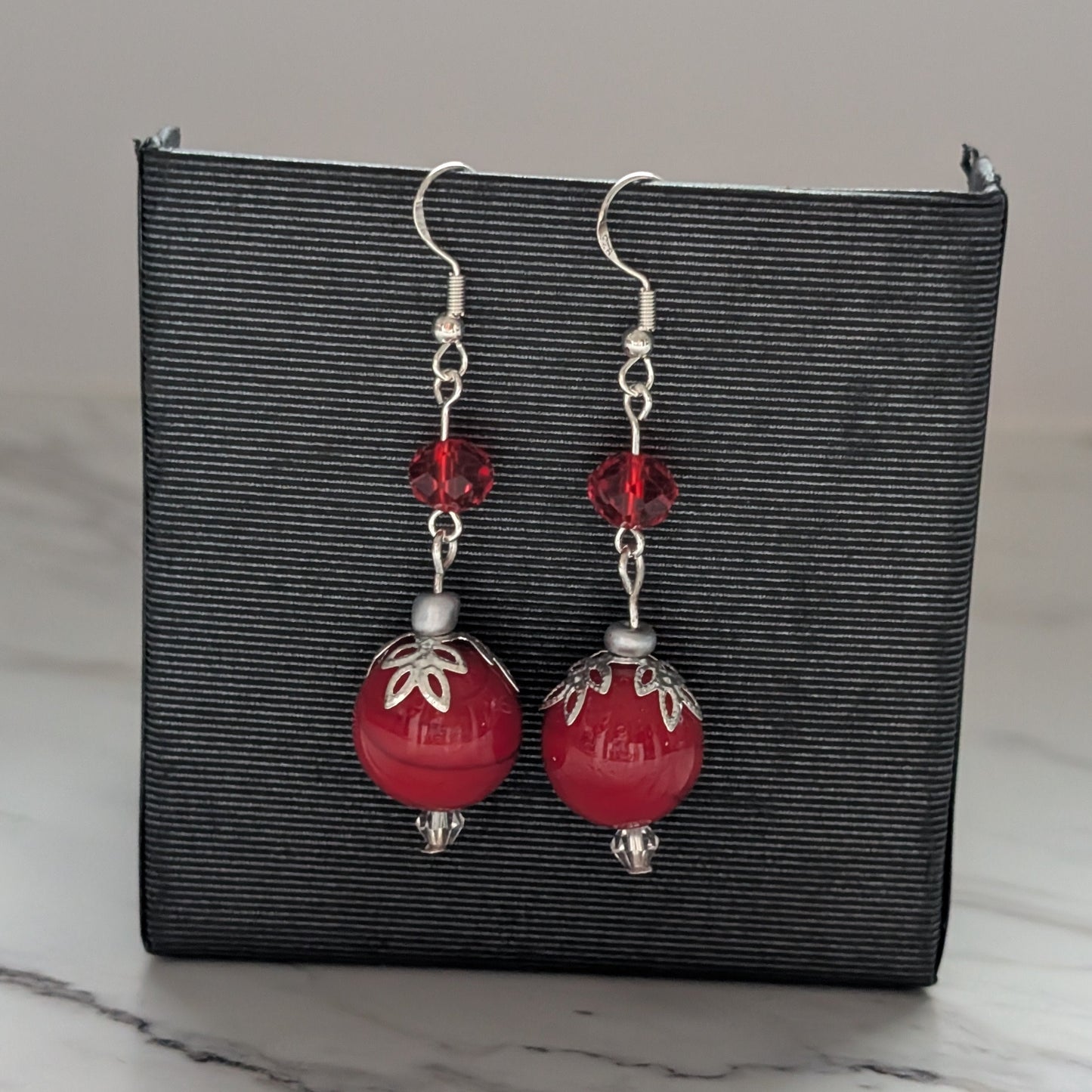 Red Dangle Earrings on 925 Silver Hooks – Crimson Glass & Crystal Statement Earrings