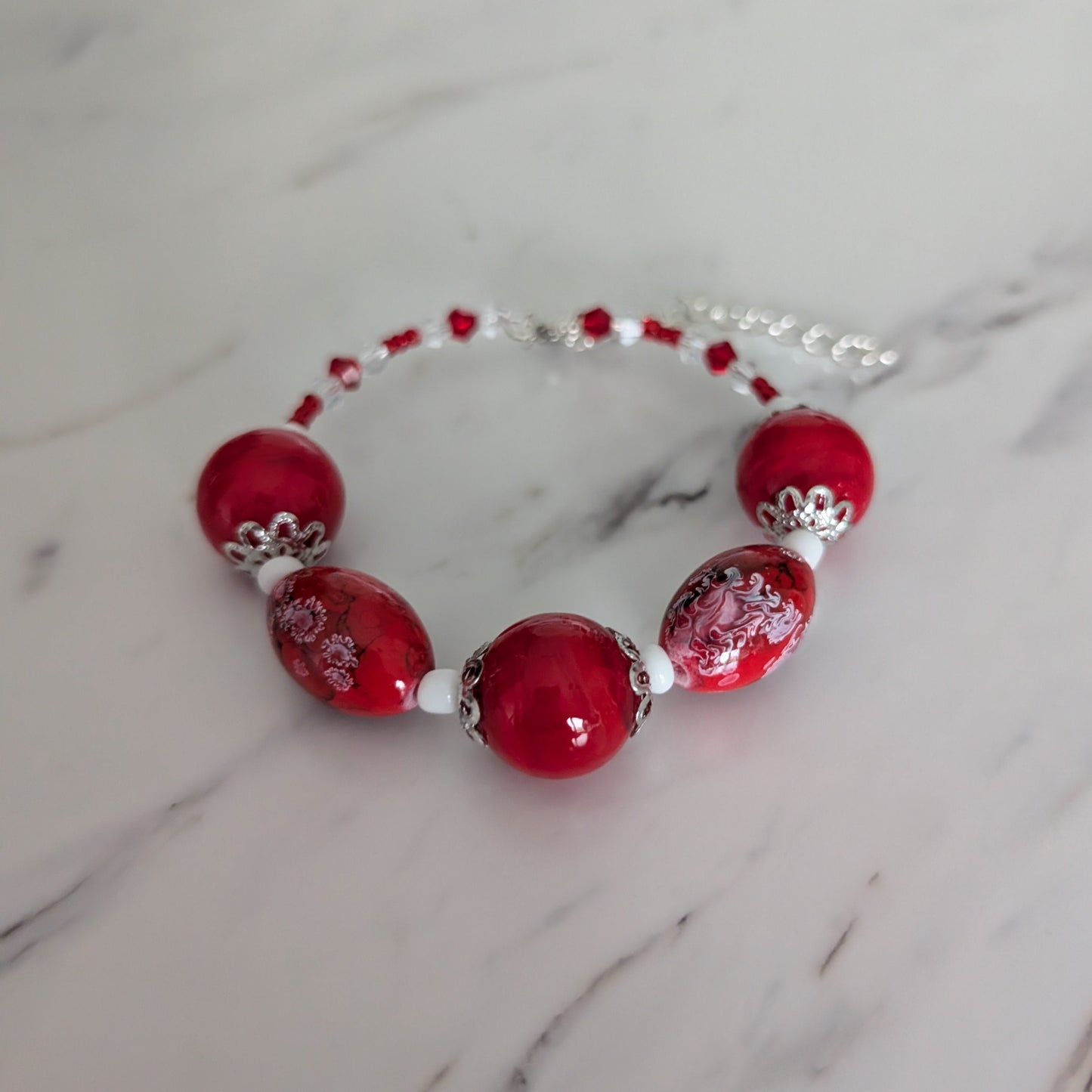 Vibrant Red Glass Bead Memory Wire Bracelet - Bold Crystal Accent Statement Jewelry