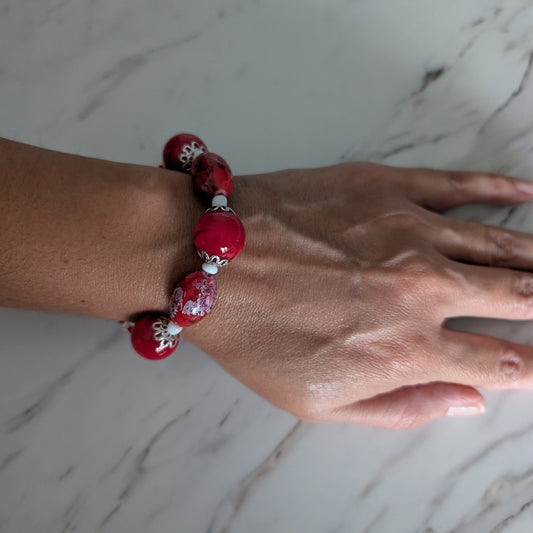 Vibrant Red Glass Bead Memory Wire Bracelet - Bold Crystal Accent Statement Jewelry