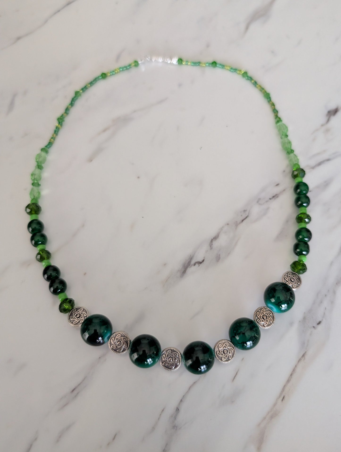 Forest Muse: Green Glass, Crystal, and Stainless Steel Beaded Statement Necklace
