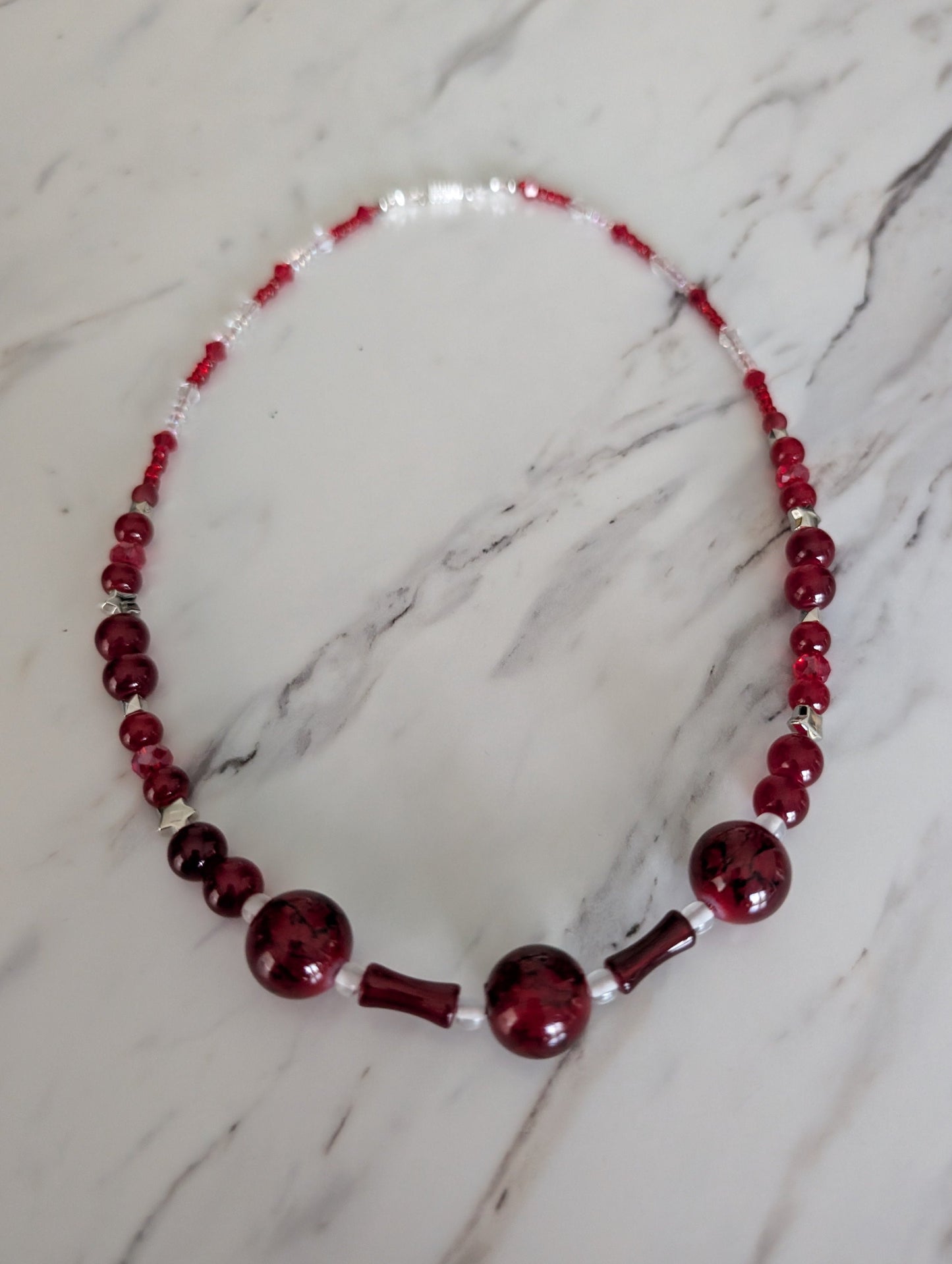 Burgundy Glass and Crystal Beaded Necklace, 18" Handmade Red Bamboo Tube Statement Necklace