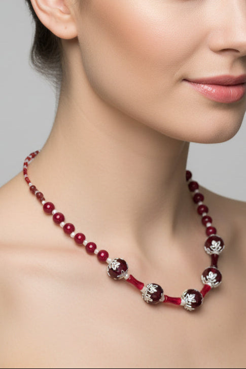 Burgundy Beaded Necklace for Women - 21.5" Red Glass & Bamboo Tube Statement Necklace with Silver Toggle Clasp