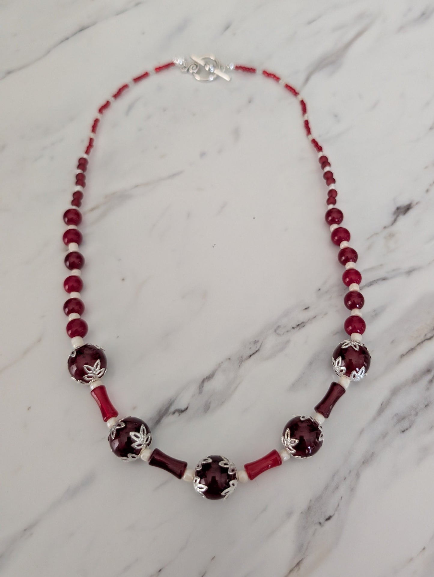 Burgundy Beaded Necklace for Women - 21.5" Red Glass & Bamboo Tube Statement Necklace with Silver Toggle Clasp