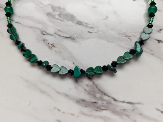 Malachite Heart & Green Glass Crystal Beaded Memory Wire Choker Necklace