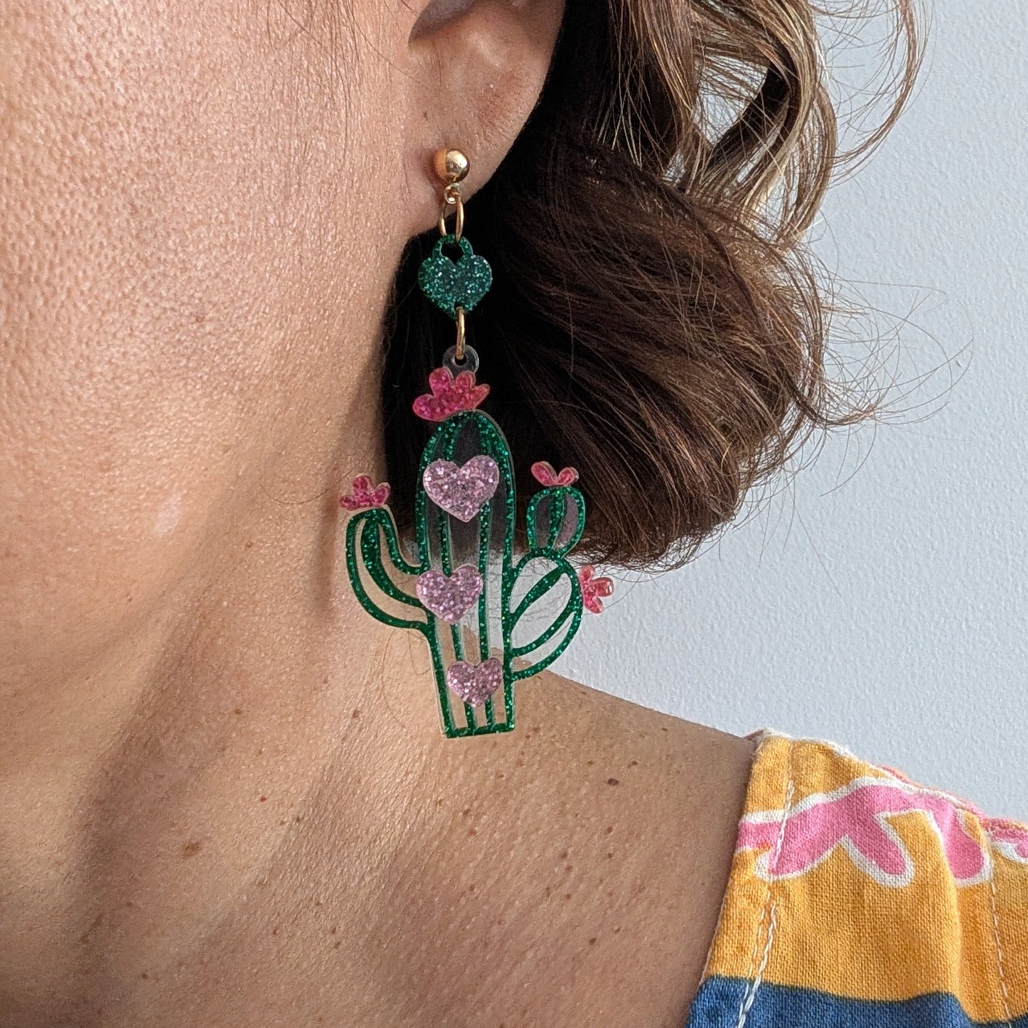 Glitter Heart Cactus Acrylic Dangle Earrings