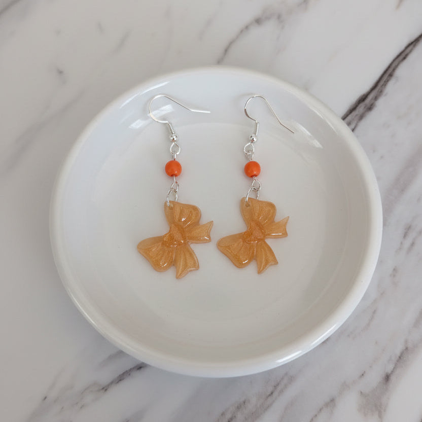 Resin Bow Earrings with Accent Bead & 925 Sterling Silver Hooks