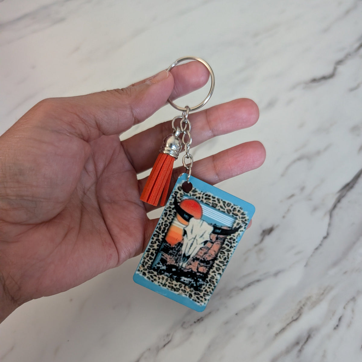 Boho Western Bull Skull Keychain | Double-Sided Sublimated Charm & Tassel