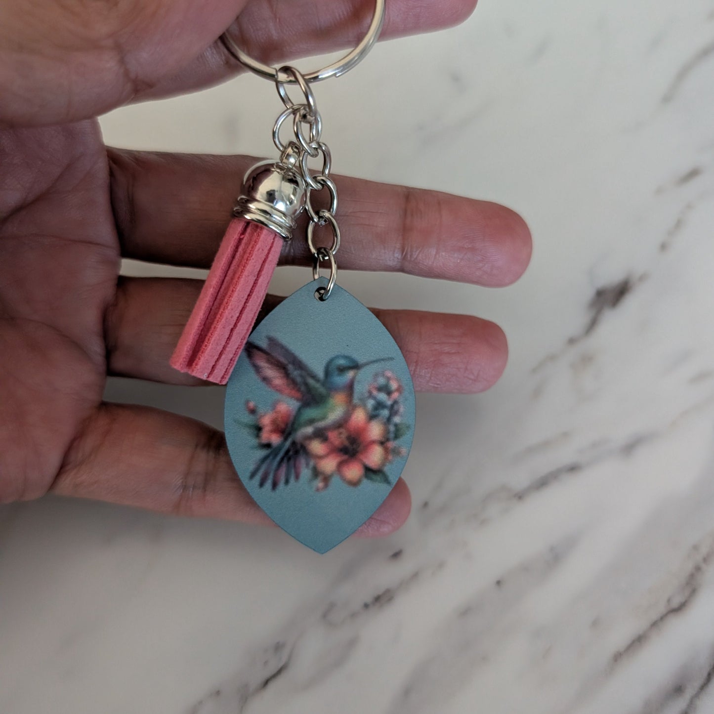 Floral Hummingbird Keychain – Double-Sided Sublimated Bag Charm with Pink Tassel
