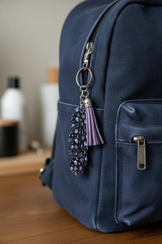 Purple Skull & Celestial Feather Keychain – Gothic Bag Charm with Fringe Tassel