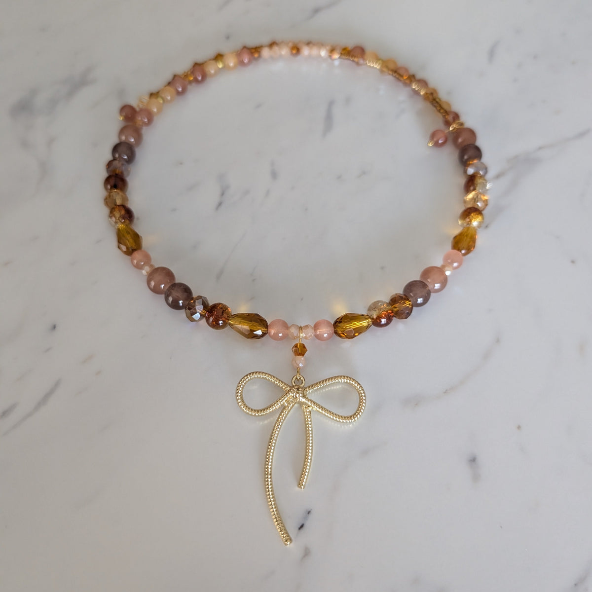 Warm Amber & Gold Bow Choker – Clasp-Free Crystal Memory Wire Collar
