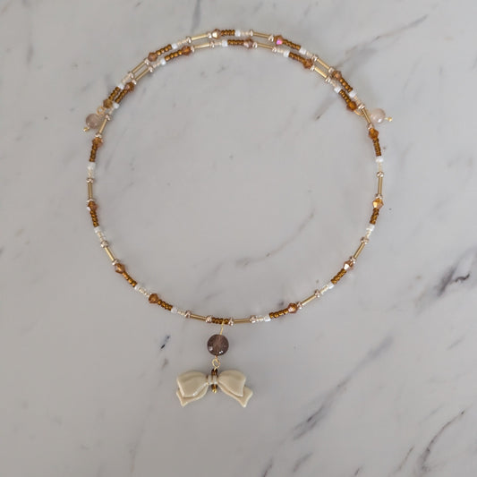 Czech Glass White Bow Memory Wire Choker – Brown & Gold Crystal Bead Collar