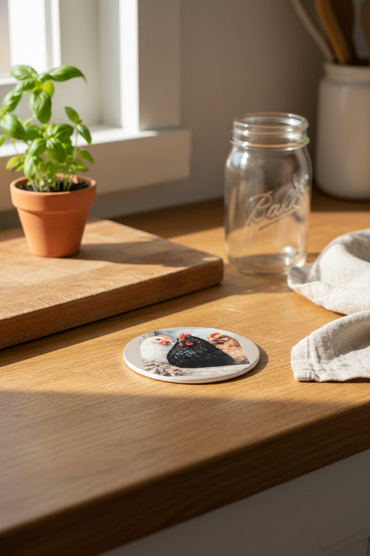 Three Hens Sublimated Ceramic Coaster, Farmhouse Kitchen & Drink Decor