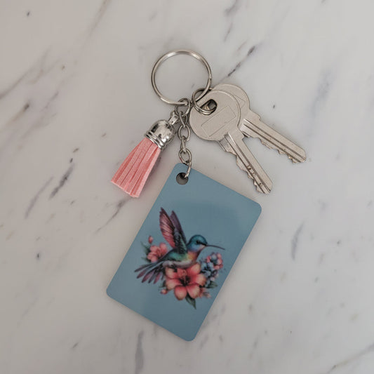 Floral Hummingbird Keychain – Double-Sided Sublimated Bag Charm with Pink Tassel