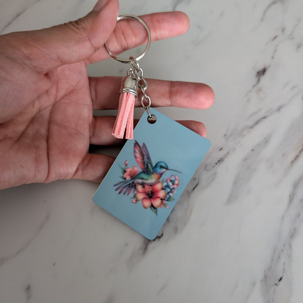 Floral Hummingbird Keychain – Double-Sided Sublimated Bag Charm with Pink Tassel