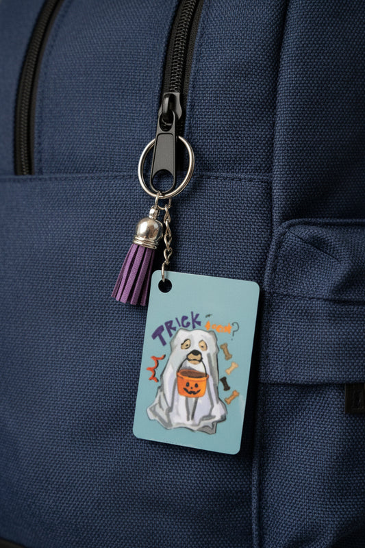 Trick or Treat Ghost Dog Keychain - Double-Sided Spooky Dog Bag Charm with Purple Tassel | Cute Pet Lover Accessory