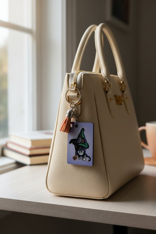Witchy Black Cat Keychain - Double-Sided Gothic Bag Charm with Orange Tassel | Whimsical Cozy Gift