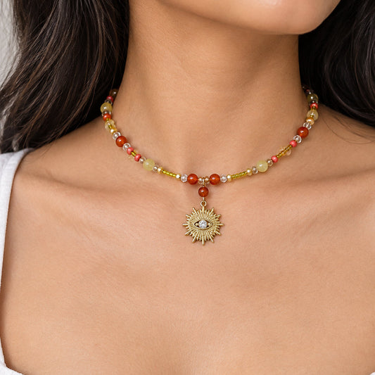 Gold Sunburst Evil Eye Beaded Memory Wire Choker | Sunset Orange & Yellow Crystal Collar