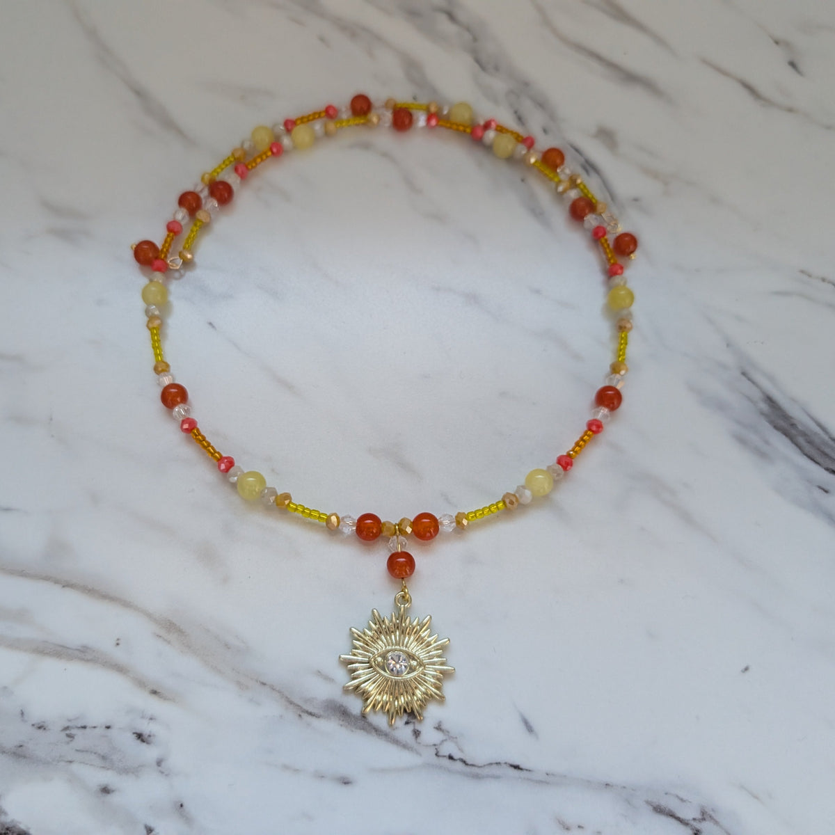Gold Sunburst Evil Eye Beaded Memory Wire Choker | Sunset Orange & Yellow Crystal Collar