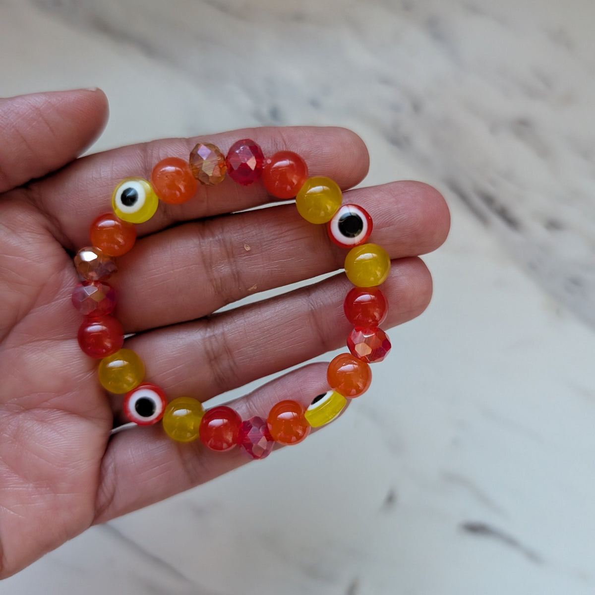 Fiery Evil Eye Beaded Stretch Bracelet | Warm Sunset Glass & Crystal Protection Bracelet