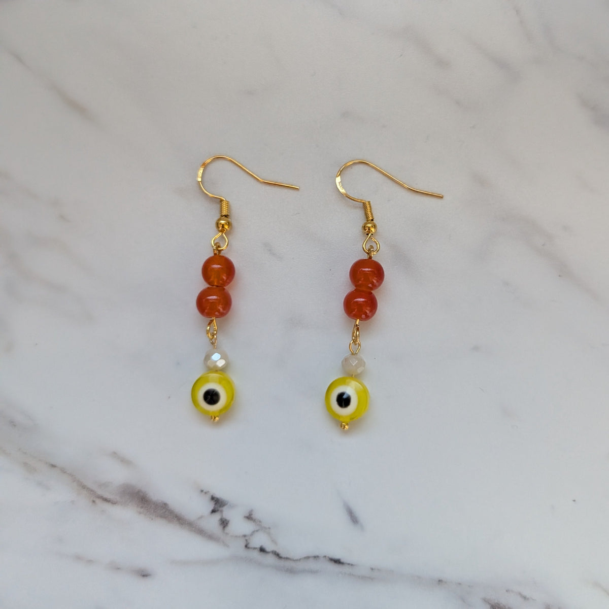 Red & Yellow Evil Eye Dangle Earrings | Gold Hook Glass Bead Drop Earrings