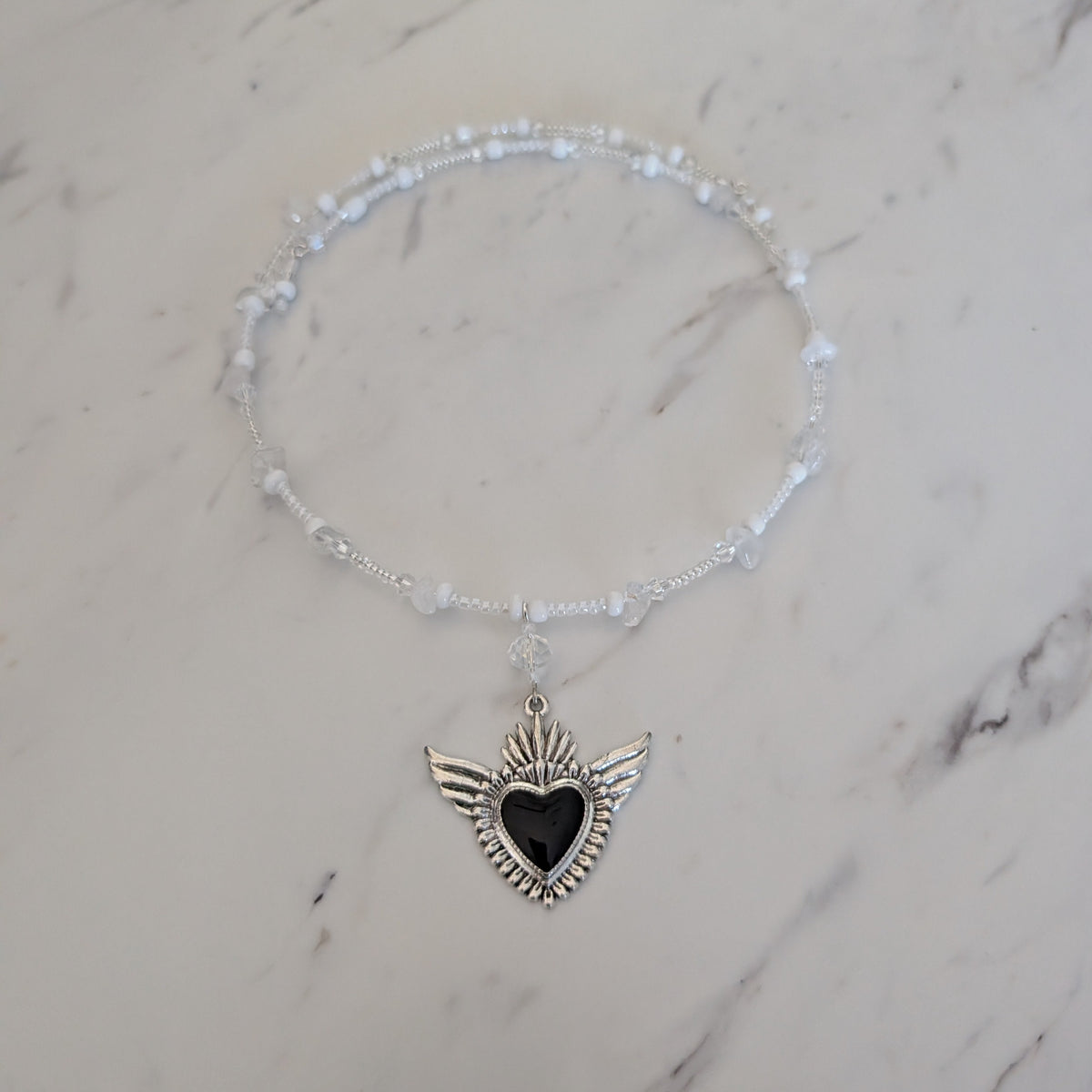 Winged Sacred Heart Memory Wire Collar – Gothic Boho Beaded Choker