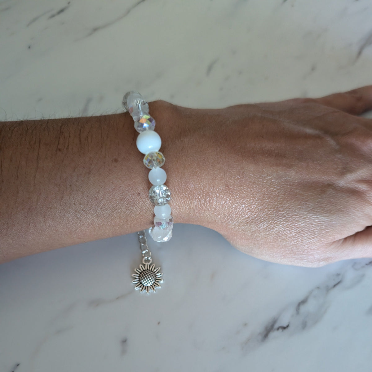 Sparkling White Crystal & Crackled Glass Memory Wire Bracelet with Sunflower Dangle Charm