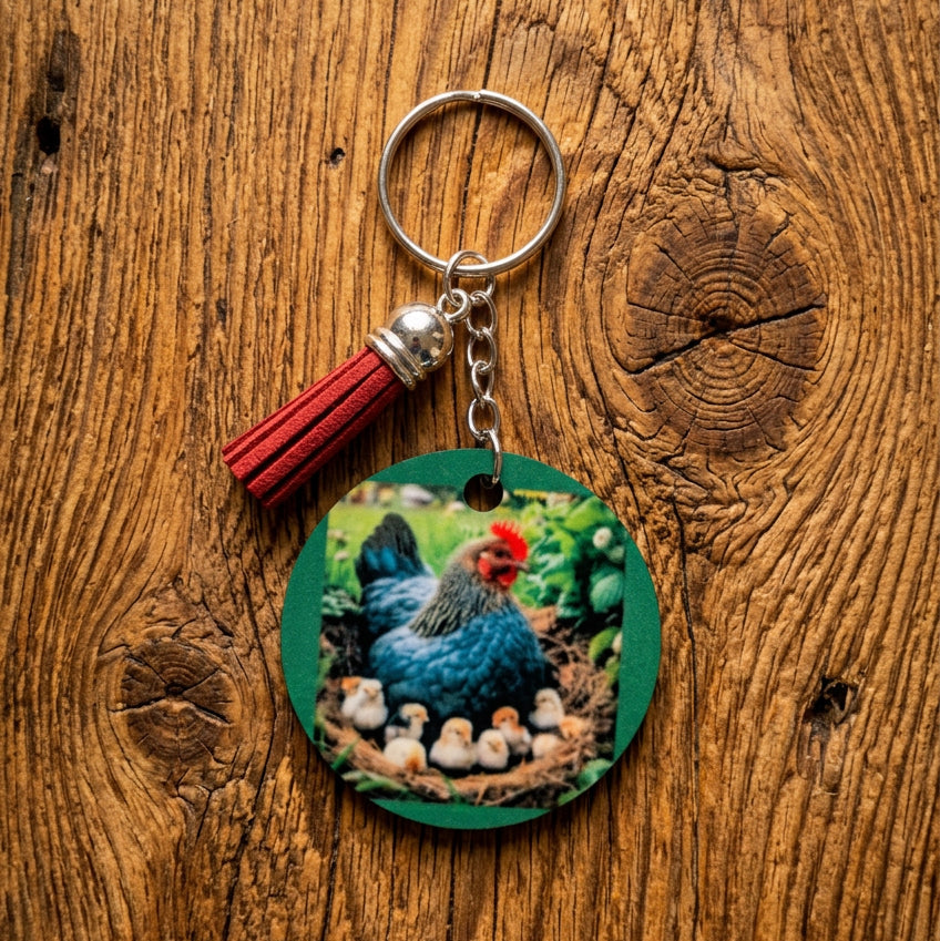 Double Sided Mother Hen & Chicks Sublimated Keychain with Burgundy Tassel | Farmhouse Chicken Keyring Gift