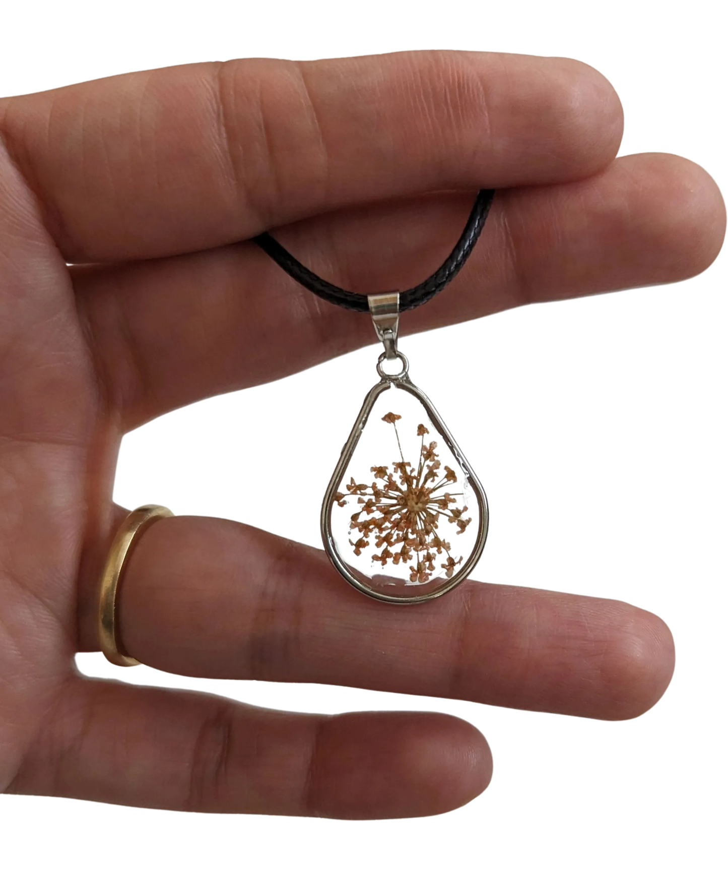Necklace - 17.5 inches resin and flowers silver pendant on black cord