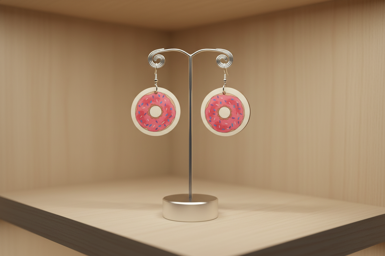 Earrings - Double sided sublimated round pink donuts with sprinkles on silver hook