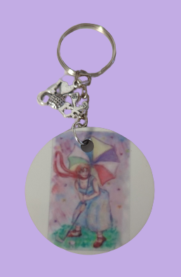 Keychain - Double sided sublimated Girl with rainbow umbrella golfing and I love golf silver charm