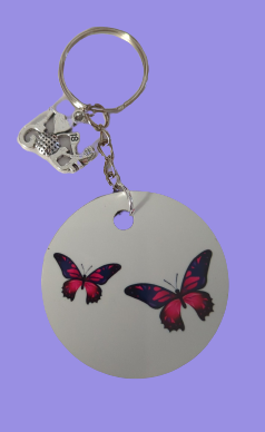 Keychain - Double sided sublimated Girl with rainbow umbrella golfing and I love golf silver charm