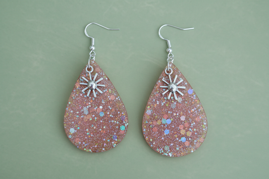 Earrings - Resin teardrop with silver charm on hook