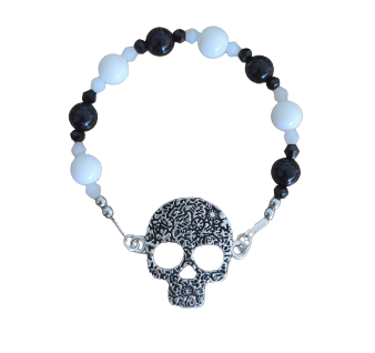 Bracelet - Elastic black & white glass beads and bicone beads with silver skeleton face charm