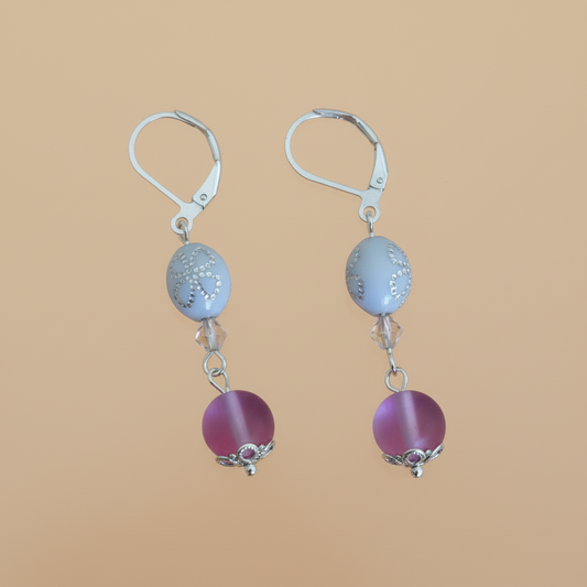 Earrings - rainbow glass bead with white flower bead on silver lever back french hook