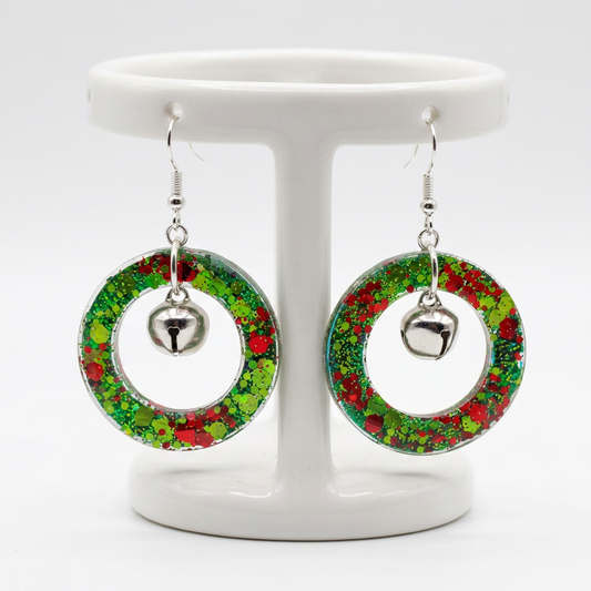 Earrings - Resin wreath with jingle bell on hook