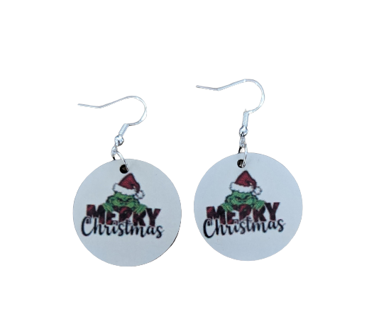 Earrings - Round double sided sublimated Merry Christmas Grinch on silver hook