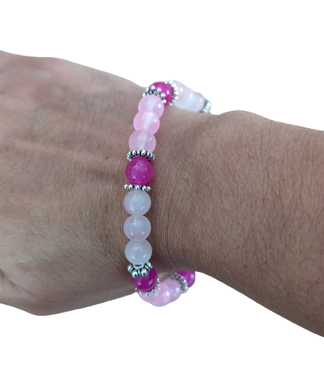 Bracelet - Large 8 inches Elastic Pink 8mm glass beads with silver metal spacer beads